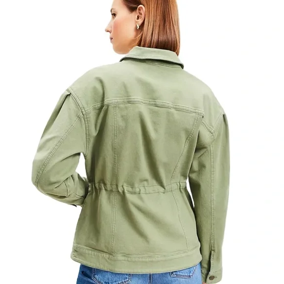 LOFT Puff Sleeve Drawstring Denim Jacket in Olive Green - Picture 3 of 8